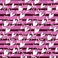 Valentine seamless pattern with abstract flower elements. White heart silhouettes on purple background with strips Royalty Free Stock Photo