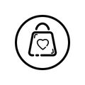 Valentine shopping bag with heart. Love symbol. Commerce outline icon in a circle. Vector illustration