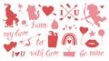 Collection of vector flat silhouettes for Valentine day Ã¢â¬â gnome, cupid, boho rainbow, hearts, love lettering isolated.