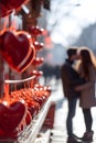 Valentine stand in the street full of red hearts with young couple in embrace. Royalty Free Stock Photo