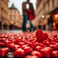 Valentine red hearts in the street with young couple in embrace in the background. Royalty Free Stock Photo