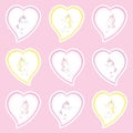Valentine sticker set with cute unicorns on love shape on pink background