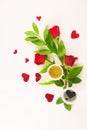 Valentine still life with pearl ring in man hand, red roses and woman hand with coffee Royalty Free Stock Photo