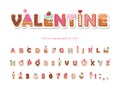 Valentine sweet font. Cute decorative alphabet. Girly cartoon letter and number stickers. Paper cut out. Vector. Royalty Free Stock Photo