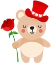 Valentine teddy bear with red hat holding a red rose