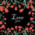 Valentine text frame vector illustration with red spring tulips on a dark background Royalty Free Stock Photo