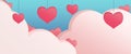 Valentine themed banner with cute pink cartoon style clouds and floating red hearts