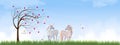 Valentine tree with red heart leaves in grass fields Unicorn lover Couple Kingfisher bird cute little fairies flying and