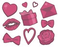 Valentine vector collection with pink hearts, gifts, rose, lipstick kiss, ribbons and love letter
