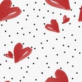 Valentine Watercolor Red Hearts and polka dots Brush strokes Seamless Pattern