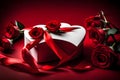 Valentine week Background a heart-shaped gift box wrapped with a white and red ribbon, accompanied by three red roses . Royalty Free Stock Photo