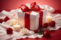 Valentine week Background a heart-shaped gift box wrapped with a white and red ribbon, accompanied by three red roses . Royalty Free Stock Photo