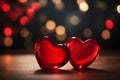 Valentine week love Background of two red hearts against a bokeh light background.