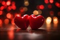 Valentine week love Background of two red hearts against a bokeh light background.