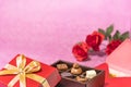 Valentine or white day greeting card with chocolates,love letter and roses. Royalty Free Stock Photo