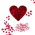 Red roses and petal on white background with Valentine greetings text heart symbol template banner Royalty Free Stock Photo