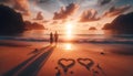 Valentine's Day card, cupid, love, romance two sand hearts, birthday, flowers, lovers couple holding hands, sunset Royalty Free Stock Photo