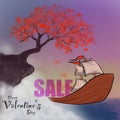 Valentine& x27;s day background with a boat transport hearts and a tree made out of hearts