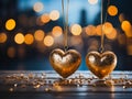 Valentine's Day banner - golden hanging hearts on a rope with defocused bokeh lights in the background. AI generated Royalty Free Stock Photo