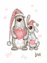 A Valentine's Day card. Cute bunny and teddy bear with a big heart. Vector. Royalty Free Stock Photo