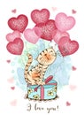 A Valentine& x27;s day card. Cute cat with balloons in the form of hearts and a gift. Vector