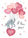 A Valentine& x27;s day card. Cute cat is flying on balloons with a big heart. Vector