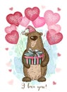 A Valentine's Day card. Cute teddy bear with balloons in the shape of a heart. Royalty Free Stock Photo