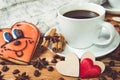 Valentine& x27;s day concept . Cup of coffee and two heart on wooden Royalty Free Stock Photo