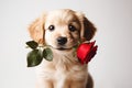 Valentine's Day concept. Funny portrait cute dog puppy with red rose flower Royalty Free Stock Photo