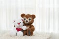 Valentine's day concept. Two funny teddy bears, brown and white with a red heart, sit and hug cutely on a white Royalty Free Stock Photo