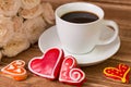 Valentine& x27;s day . Cup of coffee , flowers, Gingerbread Heart wit Royalty Free Stock Photo