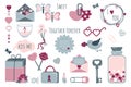 Valentine's Day elements set. Different romantic objects. Vector illustration in cartoon style with love symbols Royalty Free Stock Photo