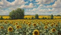 valentine's Day A field of sunflowers under a blue sky with white clouds. The sunflowers are yellow and bright Royalty Free Stock Photo