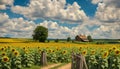 valentine's Day A field of sunflowers under a blue sky with white clouds. The sunflowers are yellow and bright Royalty Free Stock Photo