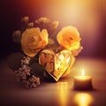 Valentine's Day. Valentine Gold Heart shaped candles and Gift on over glowing background. Beautiful Valentine card