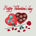 Valentine& x27;s day greeting card. Chocolates in the form of a heart and a rose with petals Royalty Free Stock Photo