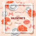 Valentine's Day greeting card template with a realistic image of a beautiful white and orange rose,lips,hearts,bows