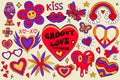 Valentine's day groovy retro 70s set elements. Love and peace collection clip art hand drawing style. Rainbow, power