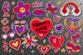 Valentine's day groovy retro 70s set elements. Love and peace collection clip art hand drawing style. Rainbow, power