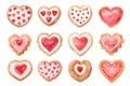 Valentine's Day heart-shaped Linzer cookies watercolor set Royalty Free Stock Photo