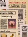 Valentine's day newspaper seamless pattern. Background with title header, unreadable text, retro. Vector illustration