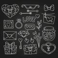 Valentine's day outline stroke elements, hand drawn doodle sketch, holiday collection on blackboard