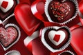 Valentine& x27;s day with ribbon and heart shaped chocolate candies on red background - Illustration, romantic, valentine, love Royalty Free Stock Photo