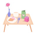 Valentine`s day romantic breakfast in bed. Waffles, a bowl of coffee and a gift on a portable table. Vector illustration Royalty Free Stock Photo