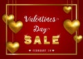 Valentine's Day sale background. Valentines Day sale banner with golden hearts and gold frame. Holiday gift card Royalty Free Stock Photo