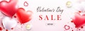 Valentine's day sale poster, composition with red and white heart shaped balloons, scented candles