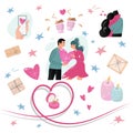 Valentine's day set. Happy valentine's day vector love set elements couple lovers heart stars gifts candles cute Royalty Free Stock Photo