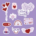 Valentine's day set of stickers with balloon, perfume, cotton candy, letter, scented candle, diamond and rainbow. Vector