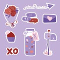 Valentine's day set of stickers with flower, letter, mailbox, bottle love drink, muffin, digital messages and airplanes