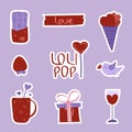 Valentine's day set of stickers with gifts, ice cream, cup of hot chocolate, strawberry, glass of wine, lollipop and